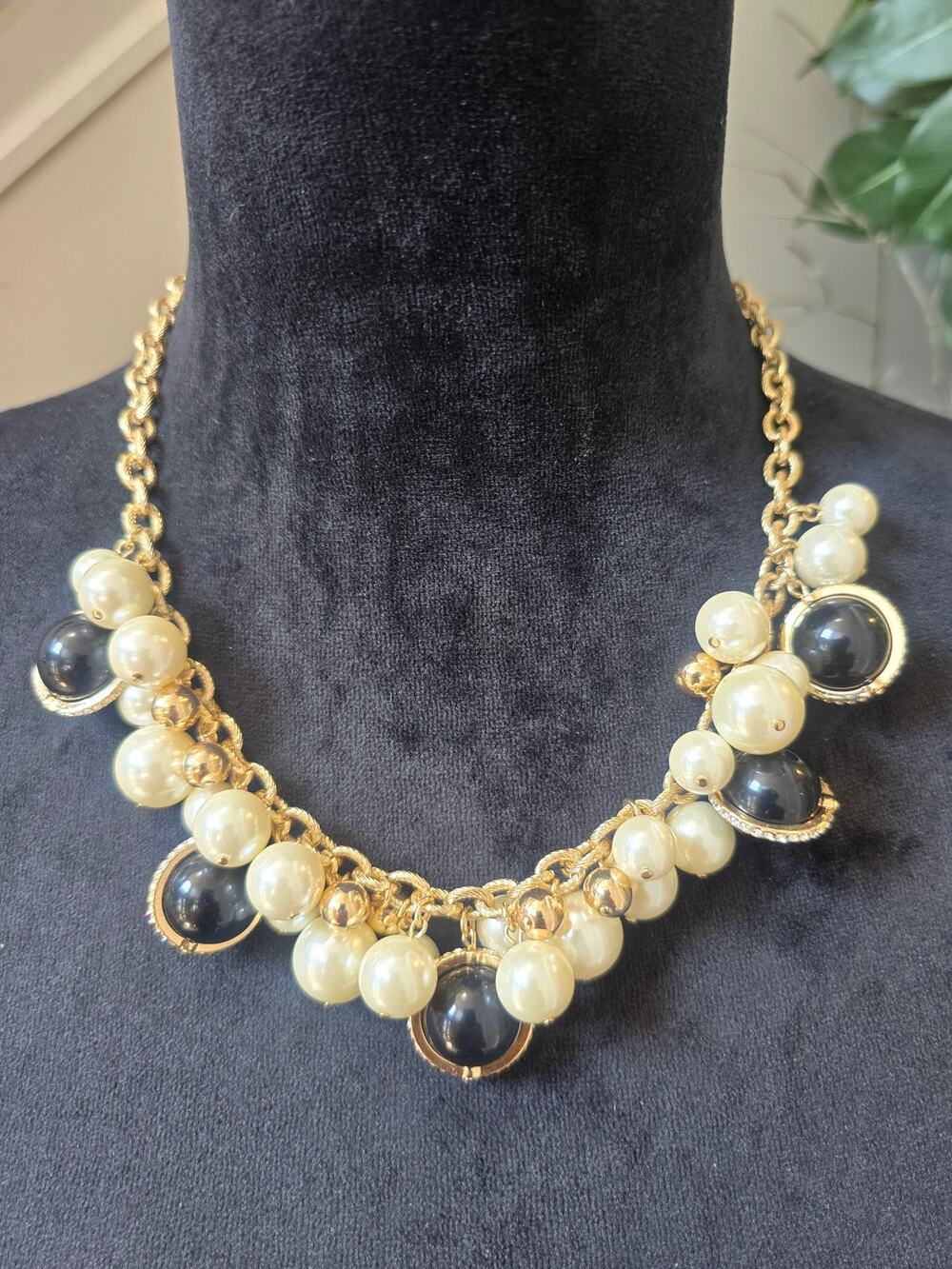 Charter Club Black Ivory Pearl Gold Tone Chunky Cluster Bib Statement Necklace